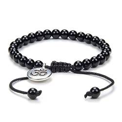 Verstellbares Om-Wunsch-Armband Meditation Mala Gebetskette Yoga Om Schmuck geflochten mit Mala-Perlen aus Naturstein (Schwarzer Achat (Black Agate)) von oasymala