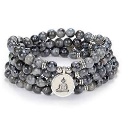 Zen Buddha Halskette Mala Prayer Stone Beads 108 Armband mit Yoga Glücksbringer für Meditation (Grauer Labradorit (Grey Labradorite)) von oasymala