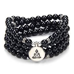 Zen Buddha Halskette Mala Prayer Stone Beads 108 Armband mit Yoga Glücksbringer für Meditation (Schwarzer Achat (Black Agate)) von oasymala