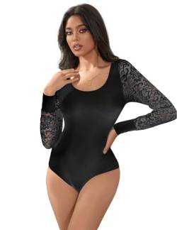 ohmydear Damen Bodys Langarm Bodysuit Sexy Rundhals Body Overall Spitze Damenbodys Große Größen Unterziehbody Elegant Jumpsuit Snap Crotch Oberteil von ohmydear