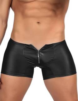 ohmydear Herren Reizwäsche Leder Boxershorts Erotik Latex Shorts mit Bulge Pouch und Reißverschluss Wetlook Männer Sexy Unterwäsche Clubwear Hipster Sissy Gay Slips von ohmydear