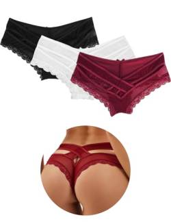 ohmydear Pantys Damen 1/2/3/4er Pack Slips Sexy Niedrige Taille String Tangas Spitze Bikini Unterhosen Sexy Bauchweg Unterwäsche für Frauen Mesh Atmungsaktiv Underwear von ohmydear