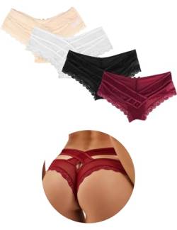 ohmydear Pantys Damen 1/2/3/4er Pack Slips Sexy Niedrige Taille String Tangas Spitze Bikini Unterhosen Sexy Bauchweg Unterwäsche für Frauen Mesh Atmungsaktiv Underwear von ohmydear