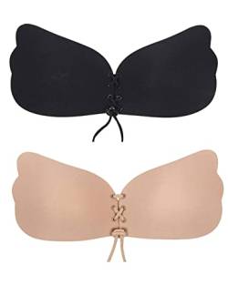 Damen 2PC Klebe BH Rückenfrei Push Up BH Klebriger Unsichtbarer Trägerloser BH Wiederverwendbare Nippel Abdeckungen mit Tunnelzug für Abendkleider Brautkleider(Mehrfarbig 2,A) von ohyeahlady