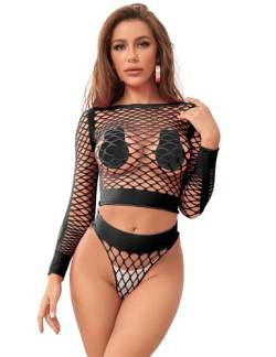 Erotische Dessous Frau Reizwäsche für Sex Damen Transparent Body Langarm Fishnet Sexy Oberteil Strand Netzbody Langarm Unterwäsche Dessous Set Große Größen Clubwear(Schwarz,XS-M) von ohyeahlady