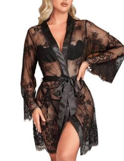 Negligee Damen Sexy Große Größen Spitze Kimono Bademantel Kurz Strand Dessous Damen Sexy Unterwäsche Curvy Braut Morgenmantel Babydoll Bride Nachtwäsche Durchsichtig Nachthemd(Schwarz,XL-XXL) von ohyeahlady