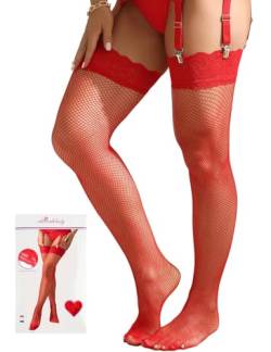 Netzstrümpfe Rot Damen Sexy Große Größen Halterlose Strümpfe Netzstrümpfe Spitze Transparent Strümpfe für Strumpfhalter mit Spitzenbund Overknees Strumpfhose Fischnetz Stockings(XL-4XL,Rot A) von ohyeahlady