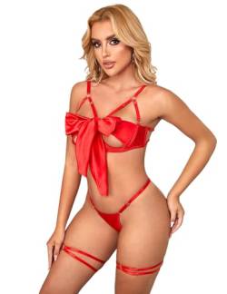 Rot Reizwäsche für Sex Damen unten offen bh- & Unterwäsche-set Erotische Dessous Sexy Set Große Größen Mollig Valentinstag Curvy Push Up BH und Slip Set Lingerie Set Party Clubwear Rot XL-XXL von ohyeahlady