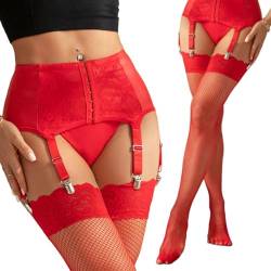 Strapsen Dessous Set mit Strümpfen für Damen Sexy Kunstleder Strumpfhalter Strapse Strümpfe Breit Strapsgürtel Große Größen mit 6 Halter Slip Hosenträger Strumpfband Stockings Reizwäsche(Rot,S) von ohyeahlady