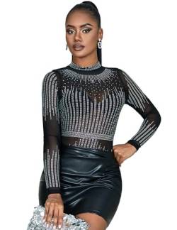 ohyeahlady Spitzenbody Schwarz Damen Langarm Body Sexy Elegant Große Größen Bluse Overteil mit Knöpfe Bodysuit Dance Glitzer Tops Club Transparent Jumpsuit Party Outfit Mollig S von ohyeahlady