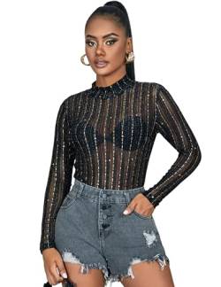 ohyeahlady Body Damen Langarm Spitze Elegant Desouses für Frauen Sexy Spitzenbody Große Größen Bodysuit mit Druckknöpfen Mesh Stringbody Unterziehbody Transparenter Oberteil Bluse Curvy Schwarz B,L von ohyeahlady