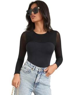 ohyeahlady Body Damen Langarm Spitze Elegant Desouses für Frauen Sexy Spitzenbody Große Größen Bodysuit mit Druckknöpfen Mesh Stringbody Unterziehbody Transparenter Oberteil Bluse Curvy Schwarz A,XL von ohyeahlady