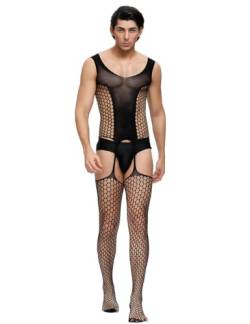 ohyeahlady Bodystocking Sexy Ouvert Herren Reizwäsche Dessous für Sex Schritt offen Netz Catsuit Männer Spitze Unterwäsche Fischnetz Lingerie Erotik Netzstrümpfe Men Bodysuit Einheitsgröße Schwarz-B von ohyeahlady