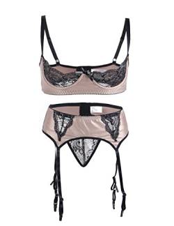 ohyeahlady Damen Dessous-Set Spitze Push up BH und Slips Strumpfband Set Unterwäsche Reizwäsche Strapsgürtel mit Strapse Große Größen(Braun,3XL-4XL) von ohyeahlady