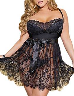 ohyeahlady Damen Kleider Babydoll Lingerie Mesh Spitzen Nachtwäsche Reizwäsche Dessous Set Sleepwear Dress Negligee mit G-String Große Größen（Schwarz,XS-S） von ohyeahlady