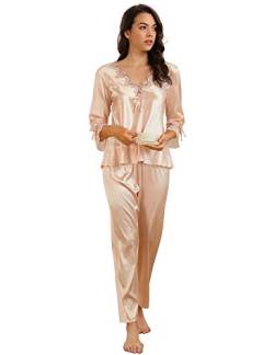 ohyeahlady Damen Schlafanzug Seiden 3/4 Arm V Ausschnitt Pyjama-Set Satin Nachthemd Zweiteilige Nachtwäsche Pyjama-Set Dessous Set Sleepwear Reizwäsche Loungewear(EU 36-38,Gold) von ohyeahlady