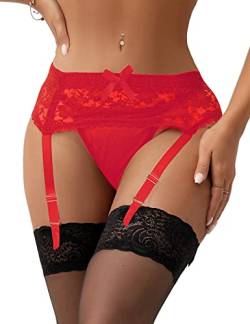 ohyeahlady Damen Strapsgürtel Spitze mit 4 Halter Strumpfhalter Strapsen Slips Dessous Set Strumpfband Hosenträger Hüfthalter(Rot,M-L) von ohyeahlady