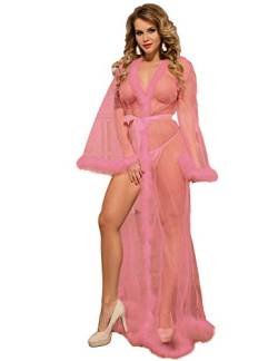 ohyeahlady Frauen Sexy Dessous Transparente Robe Spitze Durchsichtig Nachtkleid mit Gürtel Sleepwear Cardigan Hausmantel Lange Nachthemd(Rosa,M-L) von ohyeahlady