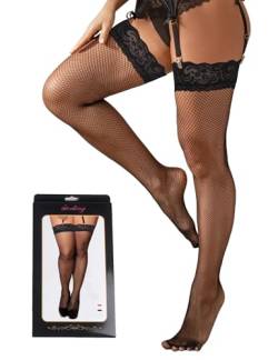 ohyeahlady Halterlose Strümpfe Damen Sexy Große Größen Spizten Fischnetz Stockings Elasthan Netzstrümpfe für Strumpfhalter hohe Strümpfe mit Spitze Oberschenkel Transparent Strümpfe(XL-4XL,Schwarz A) von ohyeahlady