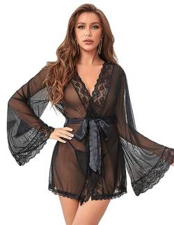 ohyeahlady Kimono Damen Sexy Spitze Bademantel Kurz Langarm Morgenmantel Große Größen mit G-String Gürtel Negligee Reizwäsche für Strand Bride EU 40 42(Schwarz C,M-L) von ohyeahlady