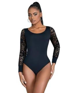 ohyeahlady Langarm Body Damen Rundhals mit Druckknöpfen Spitze Sexy Elegant Bodysuit Langarm Dessou Große Größen Jumpsuit Oberteile Tops Bluse Stringbody Spitzebody Outfit Schwarz,L von ohyeahlady