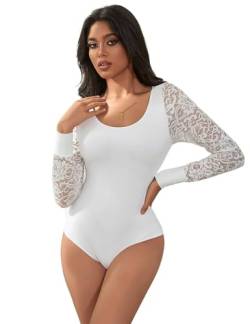 ohyeahlady Langarm Body Damen Rundhals mit Druckknöpfen Spitze Winter Sexy Elegant Bodysuit Langarm Dessou Große Größen Jumpsuit Oberteile Tops Bluse Stringbody Spitzebody Outfit Weiß,M von ohyeahlady