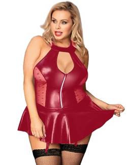 ohyeahlady Lederkleid Damen Sexy Latex Catsuit Frauen Wetlook Dessous mit Strapsen Latexkleid Reizwäsche Große Größen Minirock Nachtwäsche Outfit Clubwear Nachtwäsche（Rot-A,M-L von ohyeahlady