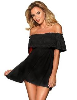 ohyeahlady Negligee Damen Spitze Babydoll heiß Nachtwäsche Set Off-Shoulder Nachthemd Dessous Kleid Große Größen Mesh Lingerie Reizwäsche Sleepwear mit G-String,Schwarz,M-L von ohyeahlady