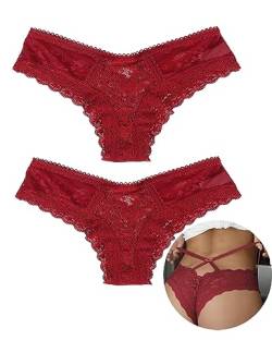 ohyeahlady Sexy Pantys Damen Spitze Höschen 2er Pack Frauen Hipster Unterhose Große Größen String Slip Tanga Set Leicht Atmungsaktiv,Rot,3XL-4XL von ohyeahlady