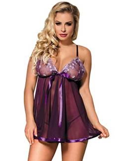 ohyeahlady Spitze Negligee Damen Babydolls Dessous Reizwäsche Große Größen Nachtkleid mit G-String Nachtwäsche Lingerie Set Nachthemd(Lila A,5XL) von ohyeahlady