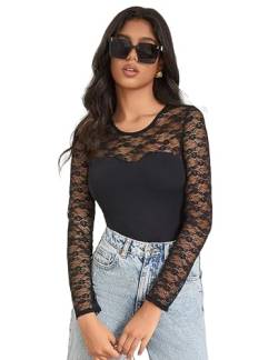 ohyeahlady Spitzenbody Schwarz Damen Langarm Body Spitze Sexy Elegant Mesh Stringbody Große Größen Bodysuit mit Druckknöpfen Bluse Transparenter Oberteil Tops Curvy Schwarz,L von ohyeahlady