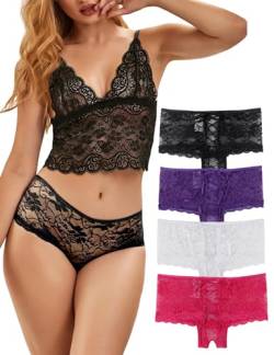 ohyeahlady String Tanga Damen Set Dessous Slip Panty Spitze High Taille Hipster Höschen Unterwäsche Soft Atmungsaktive Unterhosen 4er Pack(XL-XXL,B-Mehrfarbig) von ohyeahlady