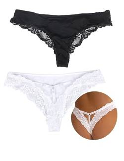 ohyeahlady String Tanga Damen Sexy Dessous 2er Pack Spitze Tangas Set Niedrige Taille Erotisch Slips Große Größen Thong Frauen Bikini Hipster Pantys Unterwäsche Unterhosen(Schwarz+Weiß,XS-S) von ohyeahlady