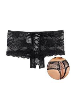 ohyeahlady String Tanga Damen Sexy Dessous Offener Schritt Spitze Slip Große Größen Panty Hipster Höschen Ouvert Unterwäsche Soft Blumen Loch Unterhosen Hipster(B-Schwarz,XS-S) von ohyeahlady