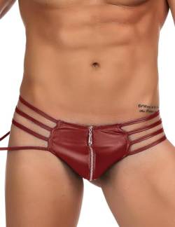 ohyeahlady String Tanga Herren Sexy Kunstleder mit Reißverschluss Gummi Unterwäsche Männer Ouvert Thong G-String Wetlook Elastizität Weihnachten Große Größen Unterhosen T-Back(Rot,XL) von ohyeahlady