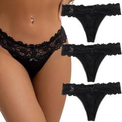 ohyeahlady String Tanga Sexy Spitze Demen Schwarz 3er Pack Slips Set Große Größen Pantys Höschen Thong Unterwäsche Set Hipster Unterhose Reizwäsche EU 44 46(Schwarz,XL-XXL) von ohyeahlady