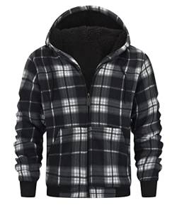 onedog Kariertes Fleecejacke Herren Hoodie kapuzenpullover für herren Full Zip Sherpa Fleece kapuzenjacke herren winterjacke Fleece Jacke outdoor Freizeitjacke für doppelte Wärmeschicht(Schwarz-M) von onedog