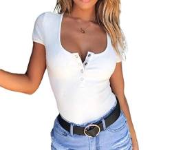Damen Basics T-Shirt, V-Ausschnitt Button Slim Kurzarm T-Shirt Low-Cut Top von oneforus