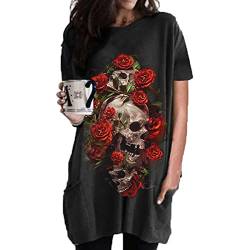 Damen Totenkopf Grafik Print Kurzarm Kleid Baggy Gothic Casual T-Shirt Kleider mit Taschen Punk Rock Fashion Ärmellose T-Shirts von oneforus