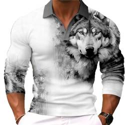 Herren Knopf-Poloshirts Mode Wolf Bedruckt Langarm-Poloshirt Pullover Lässiges Revers-Top Vintage T-Shirt für die Straße von oneforus