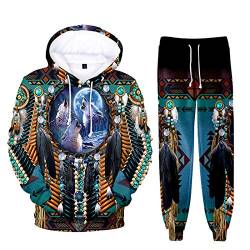 oneforus Ethnische Totem Muster Hoodie Jogginghose Sets Unisex 2 Stück Native American Indian Pullover Sweatshirt Anzug Casual Trainingsanzug von oneforus