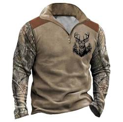 oneforus Herren Hirsch Jagd Western Sweatshirt Ethnisches Vintage Oberteil Langarm Hemd 1/4 Reißverschluss Stand Kragen Pullover Sweatshirts von oneforus