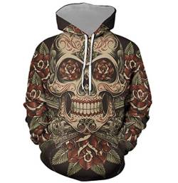 oneforus Unisex Skull Print Hoodie Persönlichkeit Skull Rose Pullover Hooded Sweatshirt von oneforus