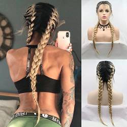 Mitte, doublu Blonde Zöpfe Synthetische Lace Front Perücken für Damen Cosplay/Party 2 x Twist Zöpfe Lange Dunkle Wurzeln Ombre Blonde Hälfte Hand auf hitzebeständig Faser geflochten Haar von onlygirl