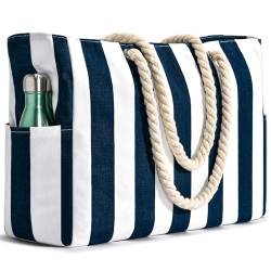 oscaurt Strandtasche, Badetasche Wasserdicht Streifen Strandtasche mit Reißverschluss mit Nasstaschee Grosse Strandtasche für Damen von oscaurt