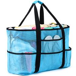 oscaurt Strandtasche, extra große Strandtaschen für Frauen, wasserdicht, sanddicht, Netz-Strandtasche, Reise-Pool-Tasche, Blau, X-Large von oscaurt