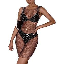 osiuujkw Nachtclub Stripper Club Frauen Ärmelloses Netzkleid Sexy Erotische Strass Durchsichtige Kleider Weibliche Kleidung, Schwarz, S von osiuujkw