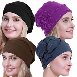 osvyo Baumwolle Chemo Hüte Soft Caps Krebs Kopfbedeckungen für Frauen Haarausfall versiegelt Verpackung BLAU GRAU-Violet-HELLKAFFEE-SCHWARZ -4 STK. von osvyo