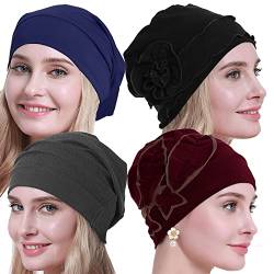 osvyo Baumwolle Chemo Hüte Soft Caps Krebs Kopfbedeckungen für Frauen Haarausfall versiegelt Verpackung Kirsche-SCHWARZ-GRAU-Marineblau -4 STK. von osvyo