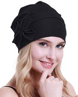 osvyo Baumwolle Chemo-Turbane Kopfbedeckung Beanie Mütze Kappe für Frauen Krebs Patienten Haarausfall SCHWARZ von osvyo